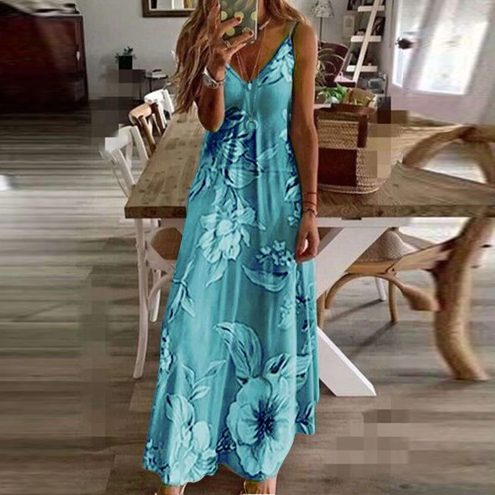 

Летнее свободное пляжное платье-макси в стиле бохо, пикантный длинный сарафан на бретелях-спагетти с V-образным вырезом, женское весеннее плиссированное платье с цветочным принтом