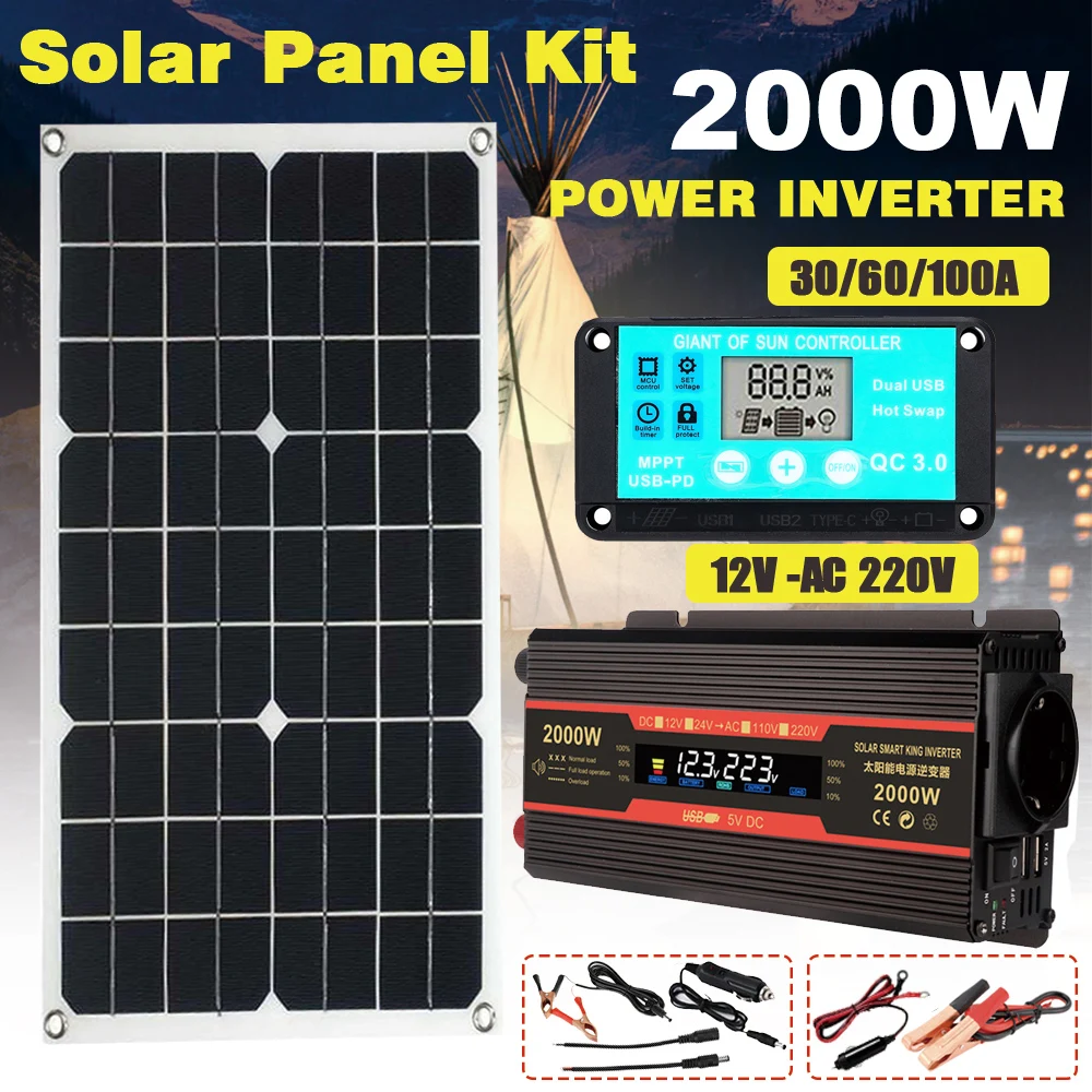 Solar Power Generation System 2000W Power Inverter with Smart LCD Display Dual USB 12V To 220V With Solar Controller Set EU
Solar Power Generation System 2000W Power Inverter with Smart LCD Display Dual USB 12V To 220V With Solar Controller Set EU