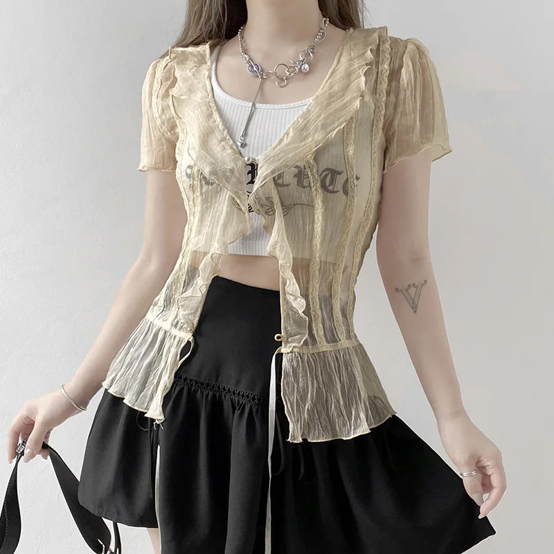 White Vintage Crop Top Short Sleeve See Through Sexy Mesh Woman Tshirts V Neck Lace Up Ruffles Kawaii Clothes 90s
White Vintage Crop Top Short Sleeve See Through Sexy Mesh Woman Tshirts V Neck Lace Up Ruffles Kawaii Clothes 90s