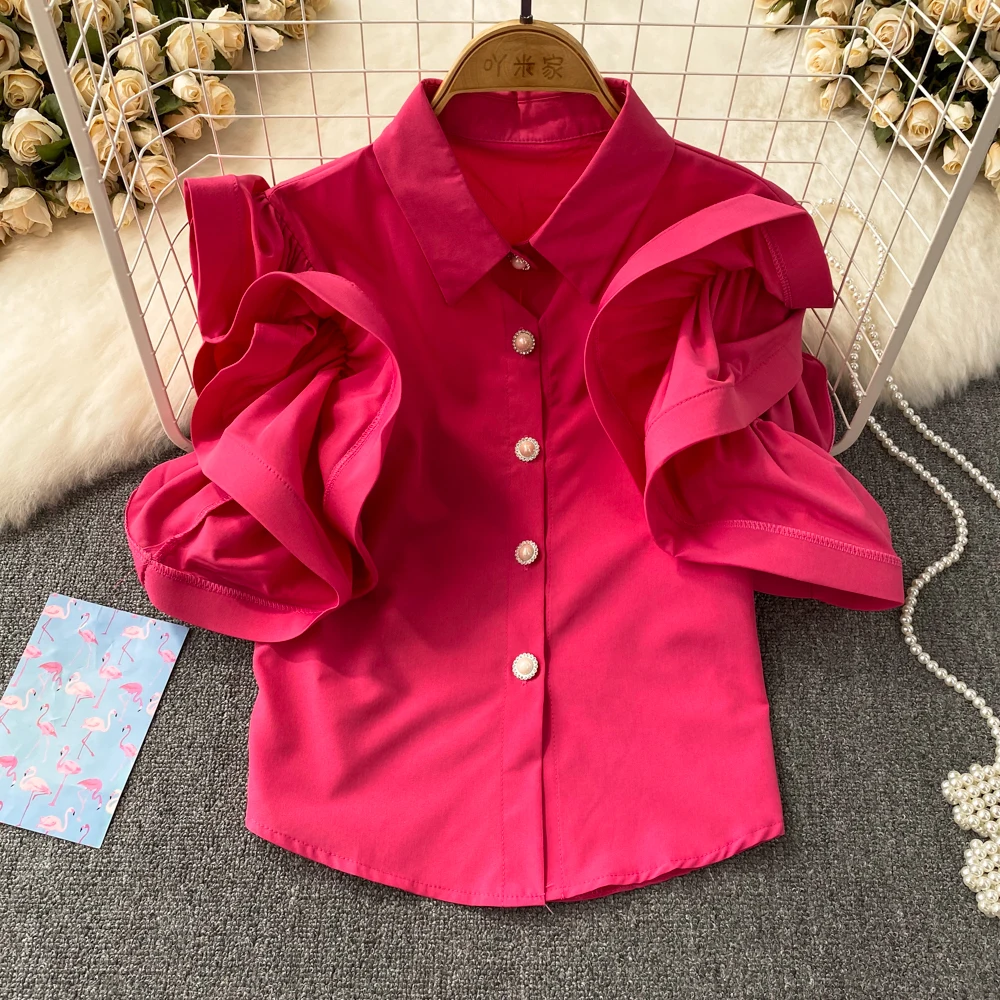 Summer New Solid Color Sweet Ruffles Panel Short Sleeve Diamond Pearl Single Breasted Shirt Women's Clothing Casual Blouse
Summer New Solid Color Sweet Ruffles Panel Short Sleeve Diamond Pearl Single Breasted Shirt Women's Clothing Casual Blouse