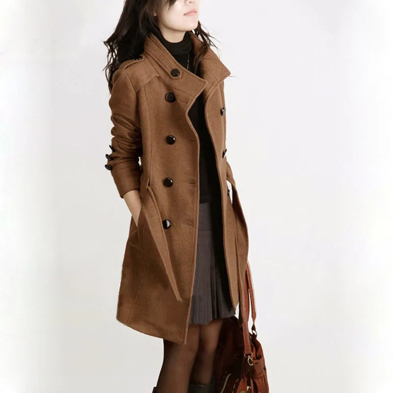 

Женское приталенное шерстяное пальто, универсальное двубортное пальто средней длины с поясом в Корейском стиле, Осень-зима 2023