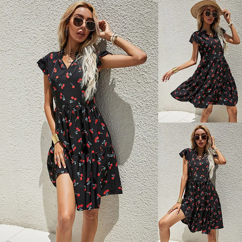 Fashion Simple Summer Women's Dresses Sexy V-Neck Petal Sleeves Cherry Print Pleated Layered Elegant Temperament A-Line Dress
Fashion Simple Summer Women's Dresses Sexy V-Neck Petal Sleeves Cherry Print Pleated Layered Elegant Temperament A-Line Dress
