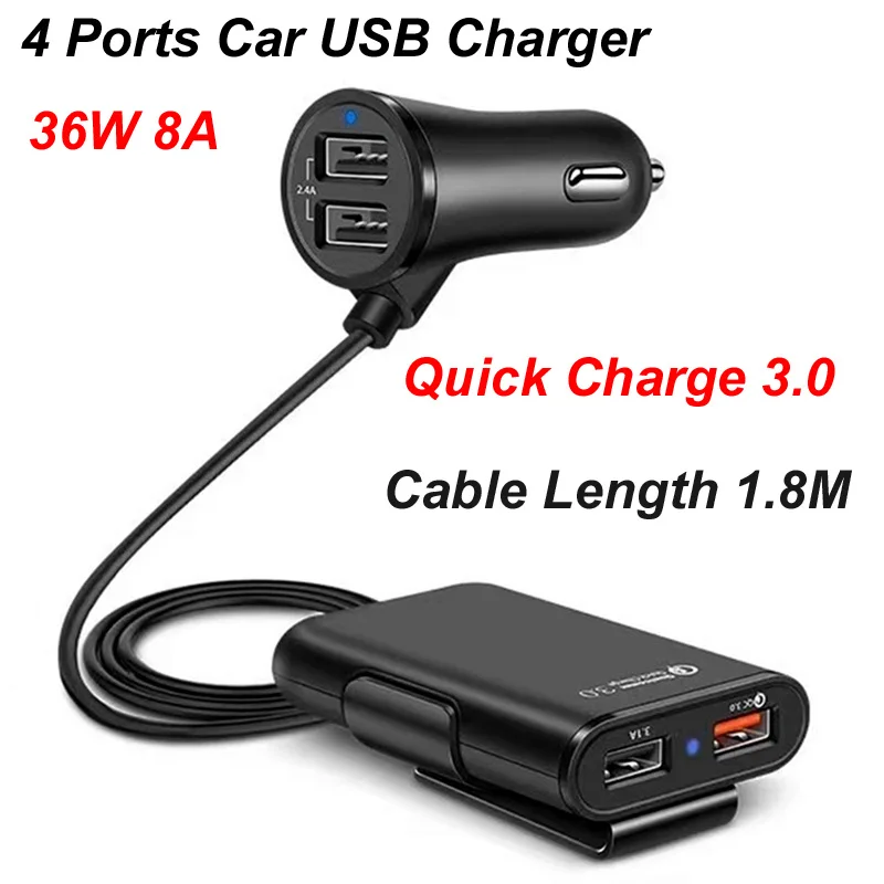 36W Quick FAST Charge 3.0 USB DC 5V/V/12V 2.4A Car 1.8M Extension Cord Cable Car Cigarette Lighter Usb Charger 4 USB Power Ports
36W Quick FAST Charge 3.0 USB DC 5V/V/12V 2.4A Car 1.8M Extension Cord Cable Car Cigarette Lighter Usb Charger 4 USB Power Ports