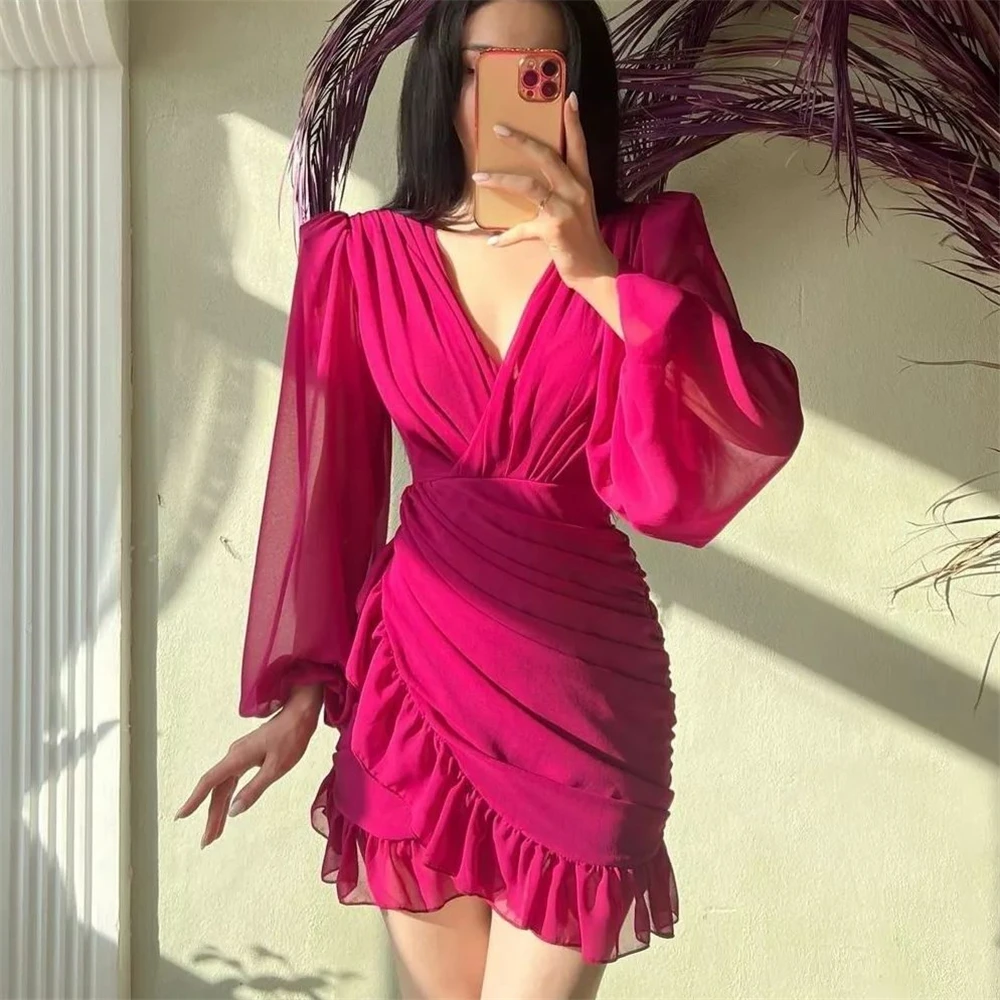 Simple Fuchsia Sheath V-Neck Chiffon Short Formal Occasion Prom Dresses Mini Women Evening Party Dresses فساتين السهرة
Simple Fuchsia Sheath V-Neck Chiffon Short Formal Occasion Prom Dresses Mini Women Evening Party Dresses فساتين السهرة