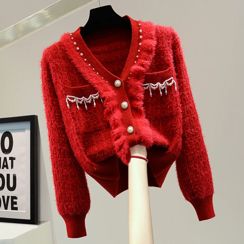 Heavy Industry Beads V-neck Long-Sleeved Sweater 2021 Winter Korean Loose Solid Color Mohair Sweaters Girls Red Cardigan Coat
Heavy Industry Beads V-neck Long-Sleeved Sweater 2021 Winter Korean Loose Solid Color Mohair Sweaters Girls Red Cardigan Coat