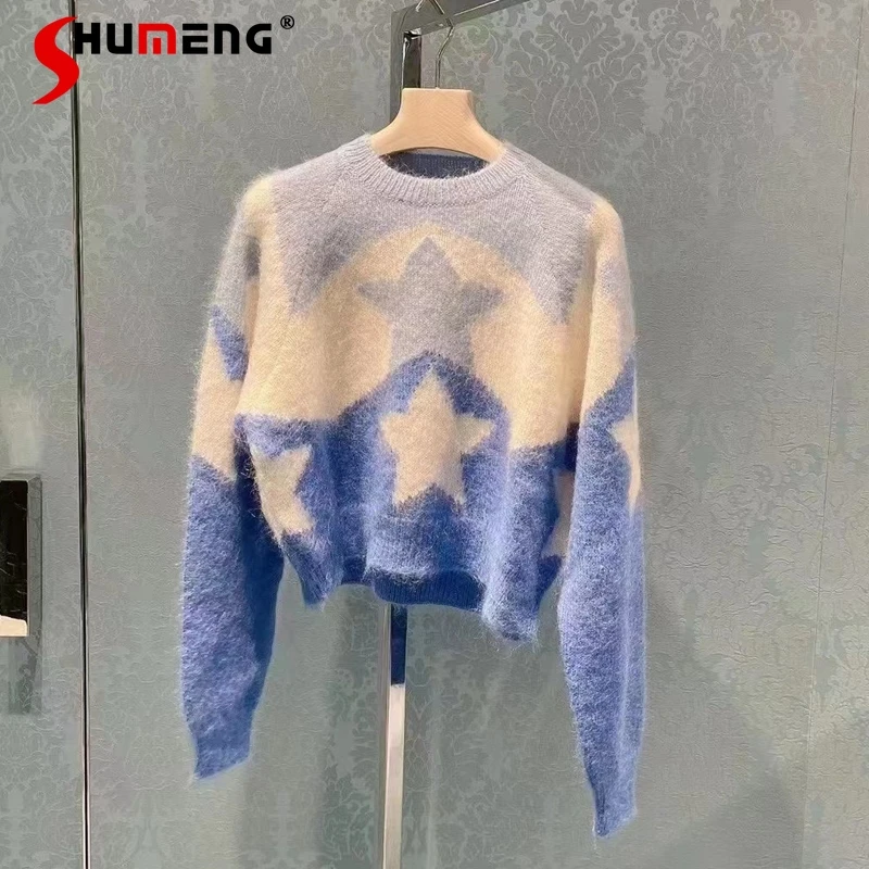 2022 Autumn Winter New Blue Color Round Neck Long Sleeve Knitwear Women Pullover Slimming Mohair Knitwear Short Sweater
2022 Autumn Winter New Blue Color Round Neck Long Sleeve Knitwear Women Pullover Slimming Mohair Knitwear Short Sweater