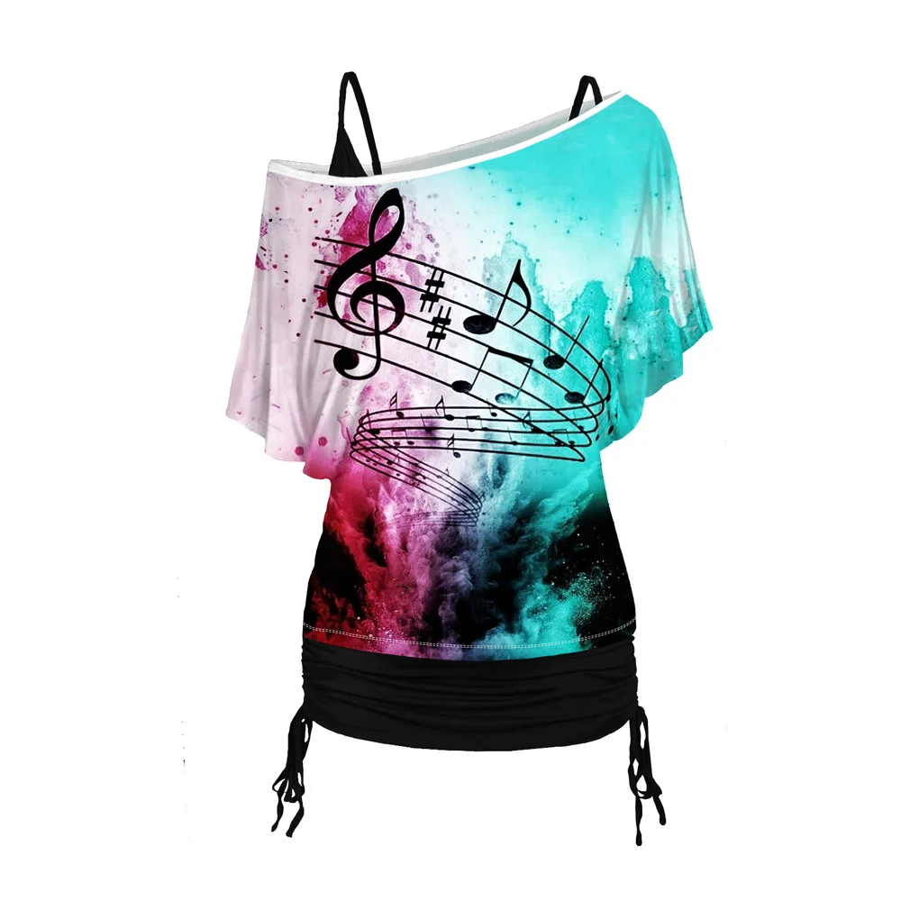 

Women Summer Half Sleeve Outwear Oblique Music Note Print Skew Neck T Shirt and Cinched Ruched Long Camisole Set