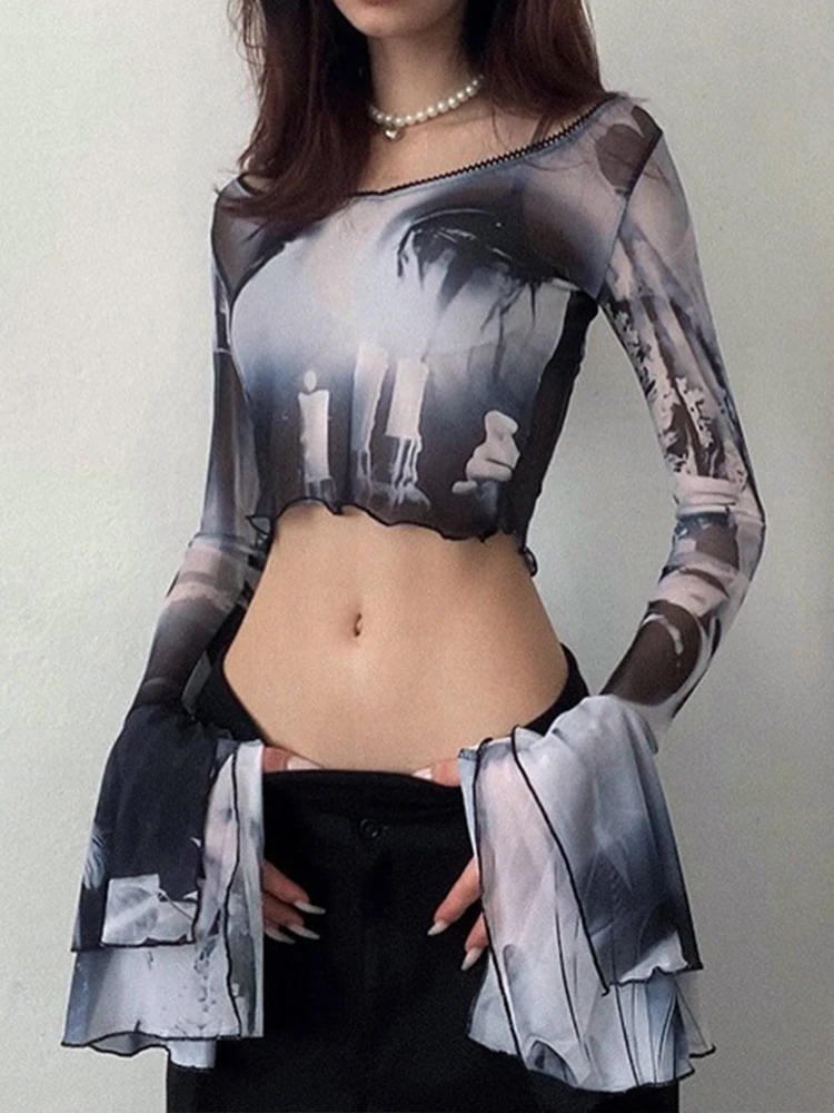 Y2K Sexy Bondage Dye Print Tee Long Flared Sleeve Fashion Short Top Mesh See Through Elegant Sweater Vintage Streetwear New
Y2K Sexy Bondage Dye Print Tee Long Flared Sleeve Fashion Short Top Mesh See Through Elegant Sweater Vintage Streetwear New
