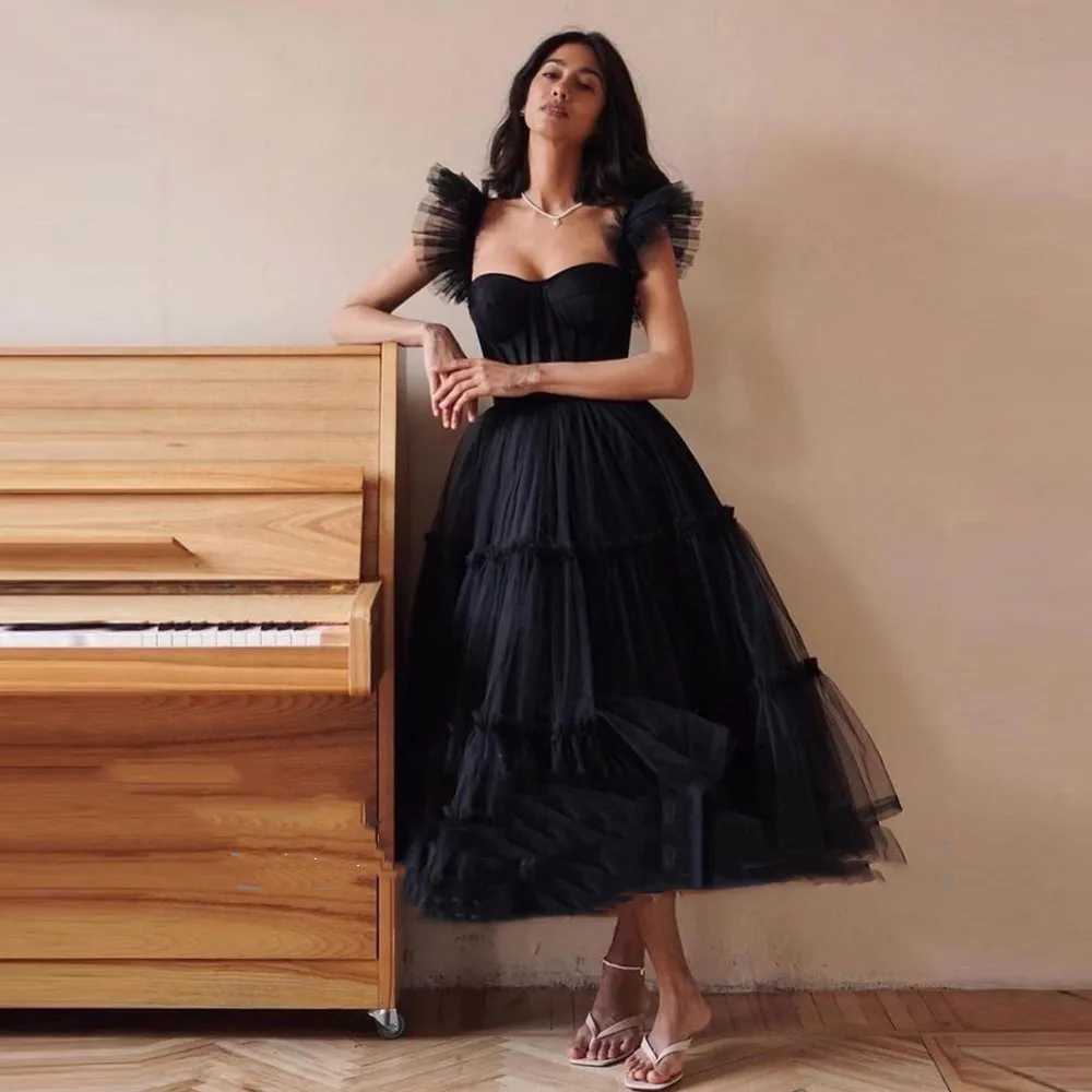 Glitter Black Tulle A Line Prom Dresses Strap Sweetheart Bone Tea Length Evening Dress Party Gowns Women Simple Event Outfit
Glitter Black Tulle A Line Prom Dresses Strap Sweetheart Bone Tea Length Evening Dress Party Gowns Women Simple Event Outfit