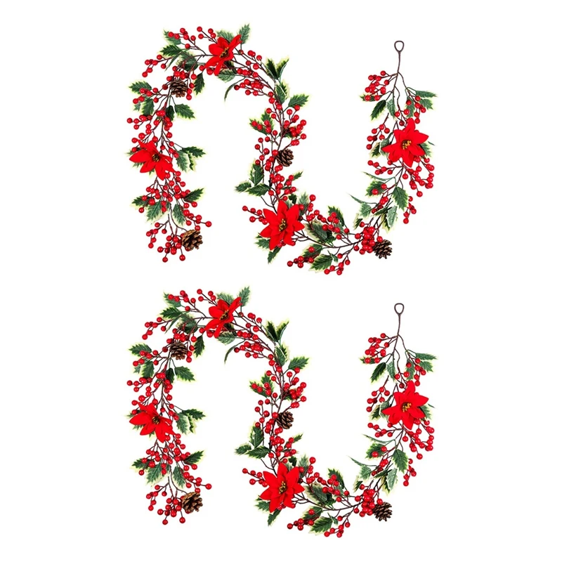 

2X 6.3FT Red Berry Christmas Garland, Artificial Poinsettia Garland,Christmas Berry Garland With Pine Cones