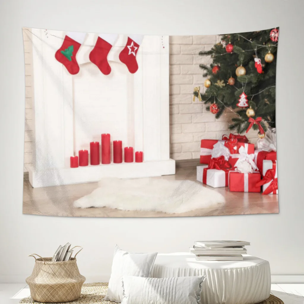 

Christmas Snowman Santa Claus Home Decor Scene Merry Christmas Warm Candle Fireplace Tapestry Bedroom Living Room Wall