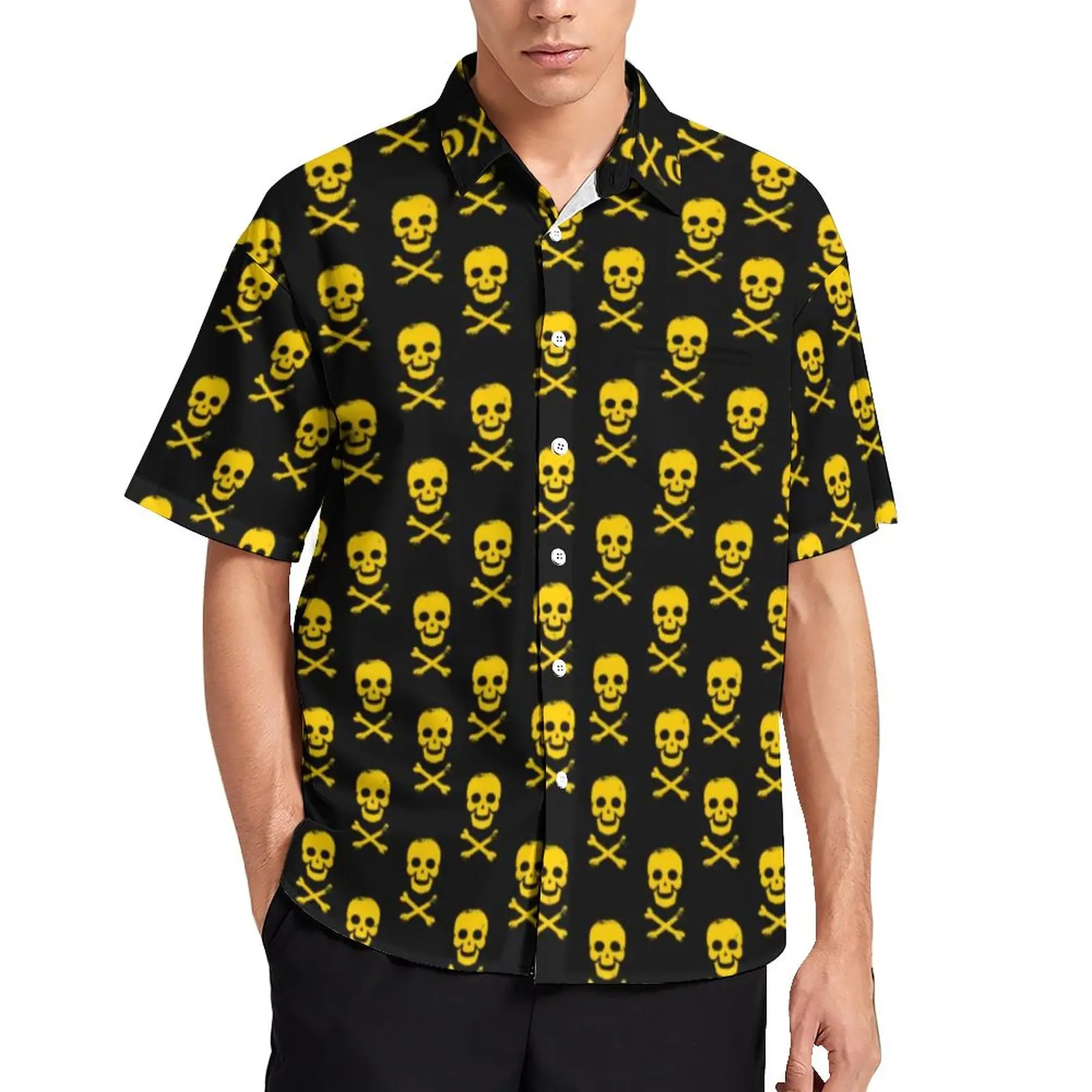 Yellow Skull Casual Shirt Crossbones Print Beach Loose Shirt Hawaiian Fashion Blouses Short-Sleeve Design Oversized Top 
Yellow Skull Casual Shirt Crossbones Print Beach Loose Shirt Hawaiian Fashion Blouses Short-Sleeve Design Oversized Top