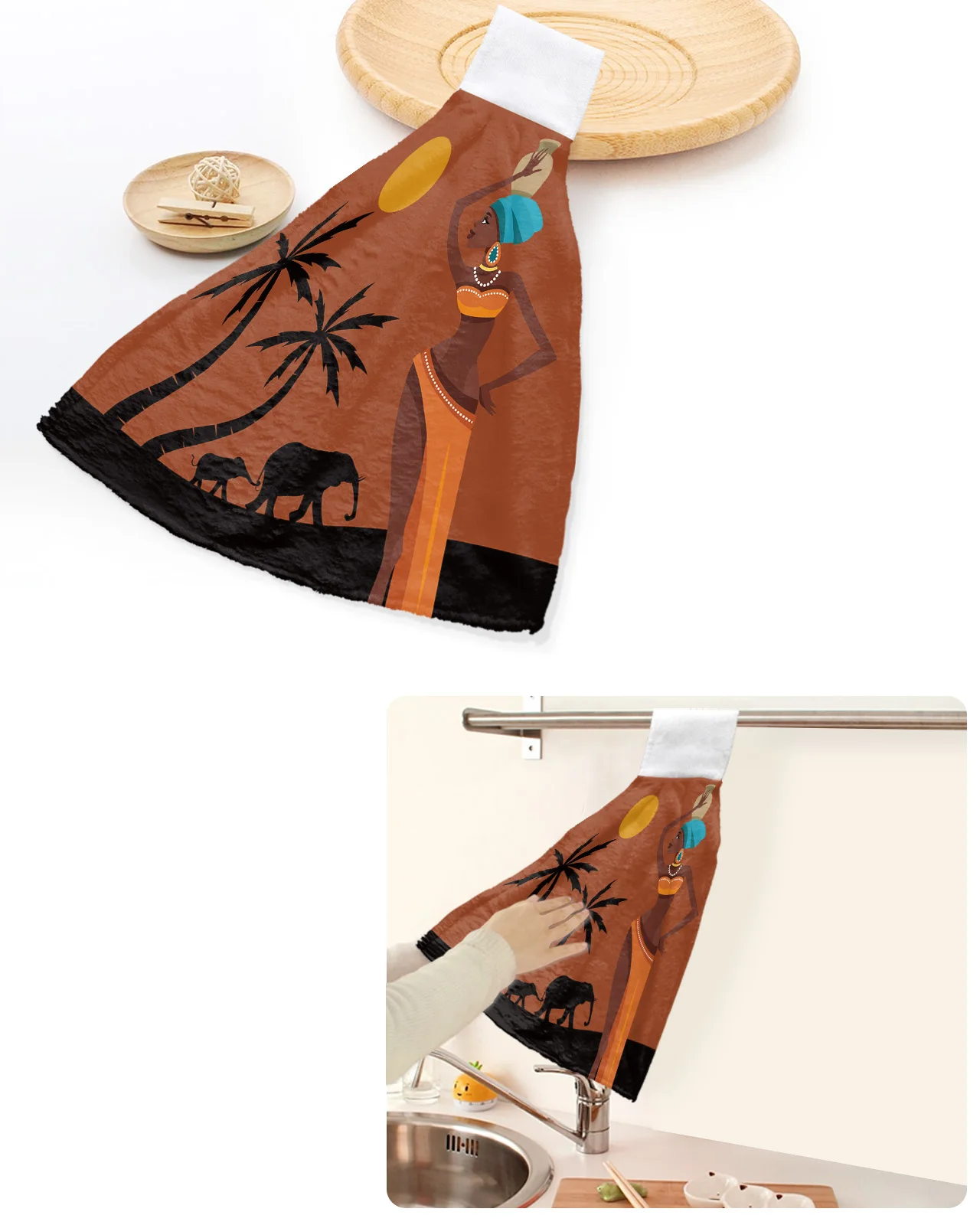 

African Women Sunset Landscape Elephant Hand Towels Home Kitchen Bathroom Hanging Dishcloths Loops Absorbent Custom Wipe Towel