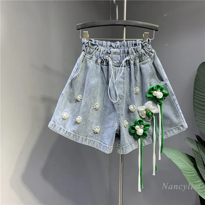 2022 Summer New Elastic Waist Shorts for Women Beads Three-Dimensional Flower Denim Drawstring Wide-Leg Hot Pants Jeans
2022 Summer New Elastic Waist Shorts for Women Beads Three-Dimensional Flower Denim Drawstring Wide-Leg Hot Pants Jeans