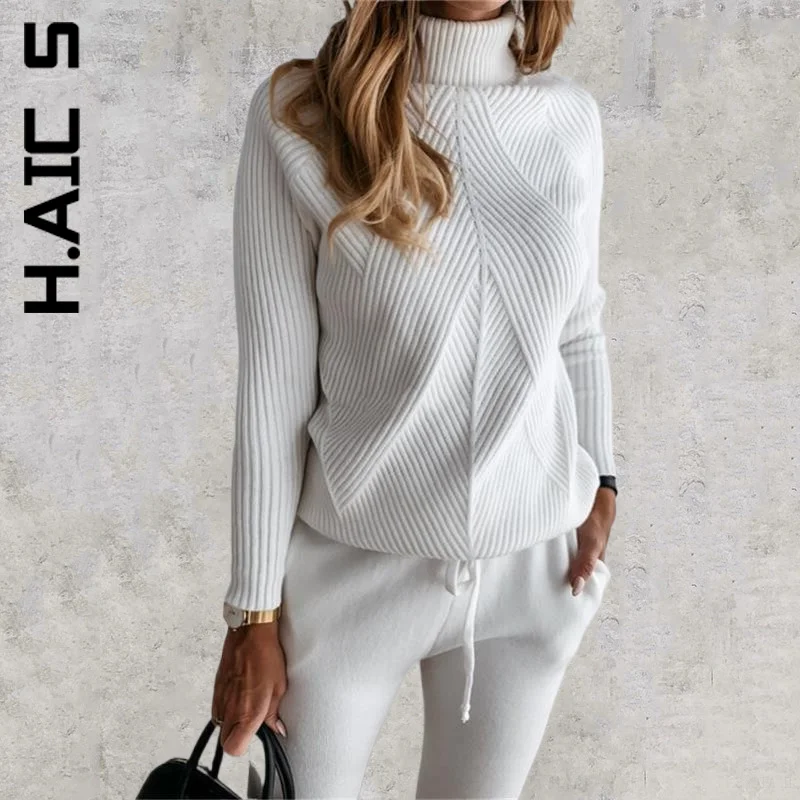 H.Aic S Women Set Solid Color Striped Turtleneck Sweater Trousers Suits Knitted 2 Piece Set Retro Loose Female Women's Warm Suit
H.Aic S Women Set Solid Color Striped Turtleneck Sweater Trousers Suits Knitted 2 Piece Set Retro Loose Female Women's Warm Suit