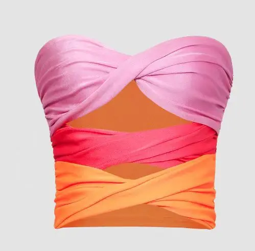 

Shirring Folds Fashion Criss-Cross Tanks Camis Summer Pink Color Lady Short Crop Tops