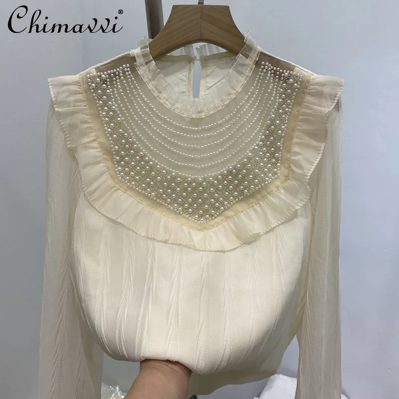 European Style 2022 Spring Fashion Stringy Selvedge Stand Collar Exquisite Beaded Blouse Sweet Beauty Chiffon Bottoming Shirts
European Style 2022 Spring Fashion Stringy Selvedge Stand Collar Exquisite Beaded Blouse Sweet Beauty Chiffon Bottoming Shirts