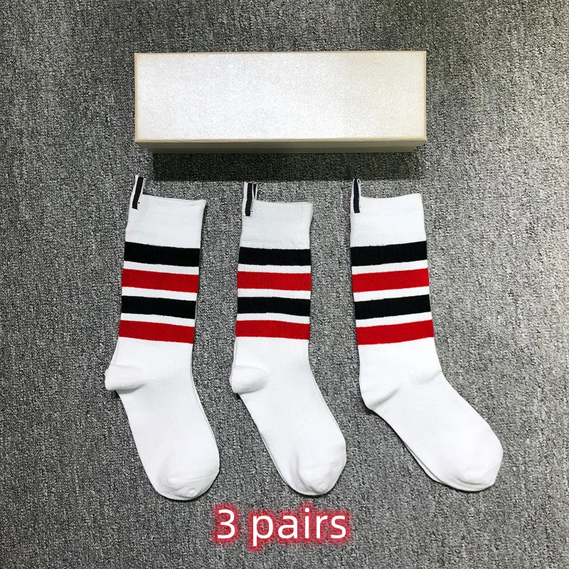 

THOM TB Men's Socks Luxury Brand Black Red Stripes Socks Women's Cotton Casual Street Fashion Harajuku TB Stockings Ins 3 Pairs