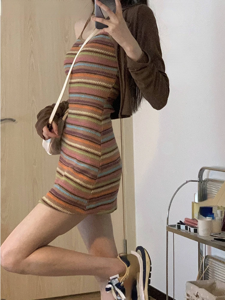 2022 Summer Korean 2 Piece Dress Set Woman Rainbow Sexy Bodycon Strap Mini Dress + Pure Color Long Sleeve Tops Elegant Suit
2022 Summer Korean 2 Piece Dress Set Woman Rainbow Sexy Bodycon Strap Mini Dress + Pure Color Long Sleeve Tops Elegant Suit