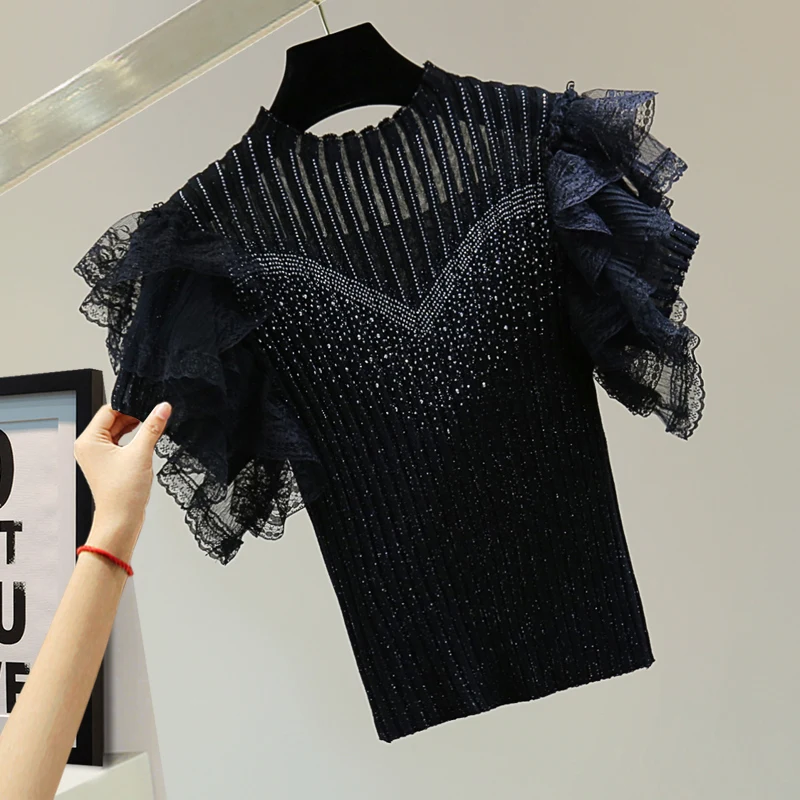 Женская эластичная футболка, черная трикотажная футболка в полоску с высокой талией и коротким рукавом, лето 2023 
Женская эластичная футболка, черная трикотажная футболка в полоску с высокой талией и коротким рукавом, лето 2023