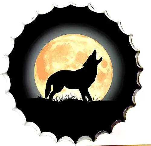 

Royal Tin Sign Bottle Cap Metal Tin Sign Full Moon Night Wolf Diameter 13.8 inches, Round Metal Signs for Home and Kitchen