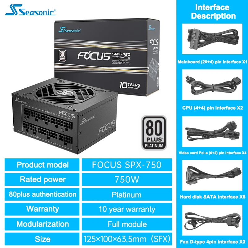 

SEASONIC FOCUS SPX-750 Platinum Full Module SFX Computer Power Supply PC Desktop Black 750W ATX AMD Intel CPU Motherboard Power