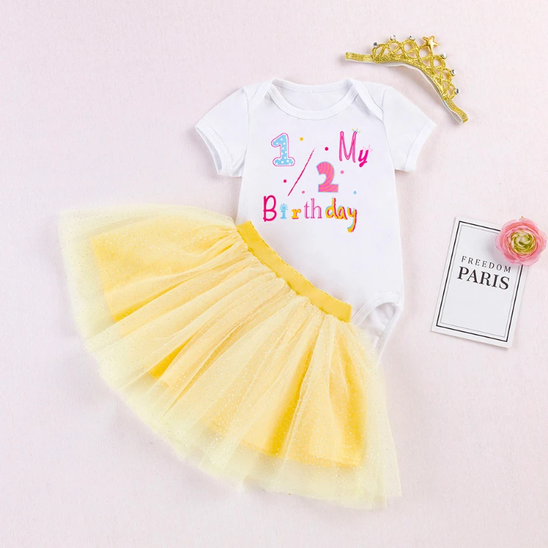 

3PCS Newborn Baby Girl Dress My 1st Birthday Party Cotton Fashion Letter Print Tutu Dress Sets Puffy Skirt Summer Clothes 0-24M