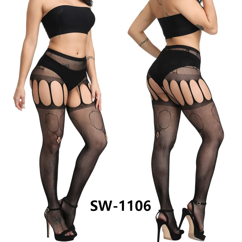 

Lady Sexy Fashion Elastic Fishnet Conjoined Garter Black Stockings Pantyhoses Lace Mesh Jacquard Women Bottoming Body Long Socks