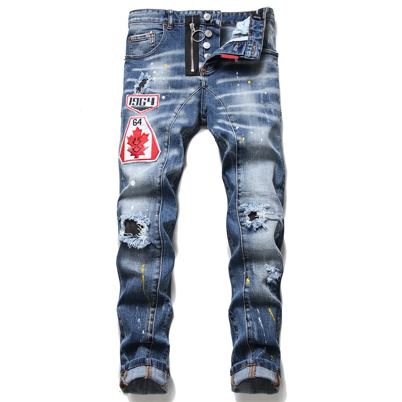 Light Luxury Men's Badge Embroidery Blue Denim Pants Color Ink Splash Ripped Casual Jeans Classic Slim-fit Style Long Trousers;
Light Luxury Men's Badge Embroidery Blue Denim Pants Color Ink Splash Ripped Casual Jeans Classic Slim-fit Style Long Trousers;