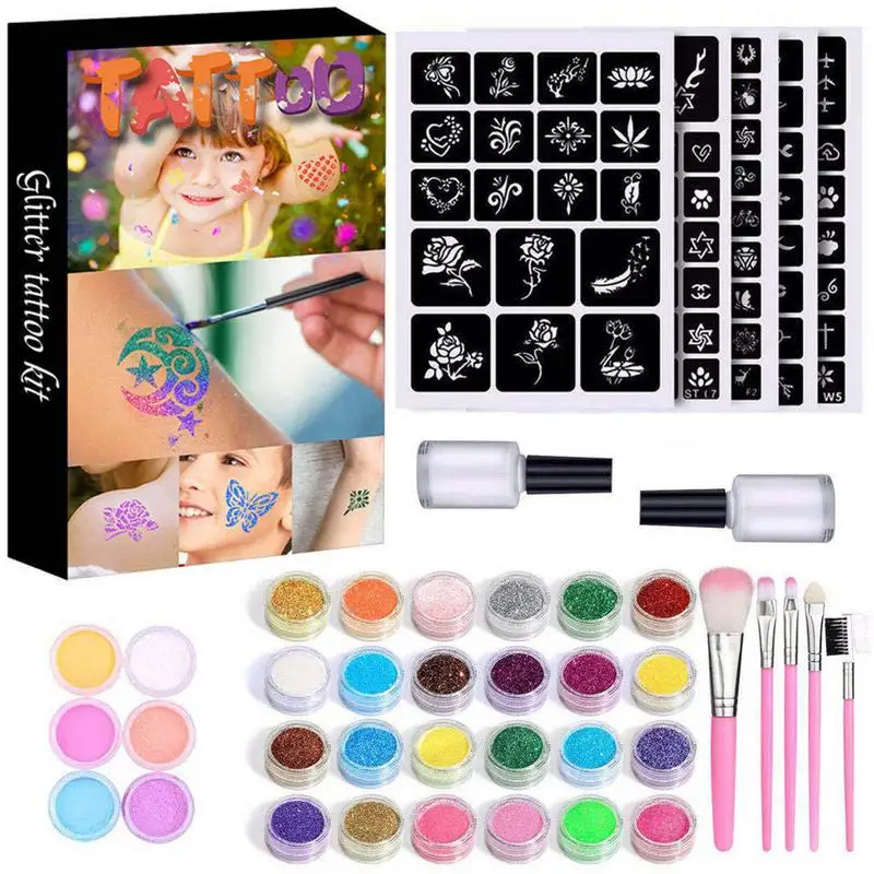 30 Colors Set Waterproof Glitter 5 Brushes 2 Glues Kit For Temporary Tattoo Kids Face Body DIY Decoration Art
30 Colors Set Waterproof Glitter 5 Brushes 2 Glues Kit For Temporary Tattoo Kids Face Body DIY Decoration Art