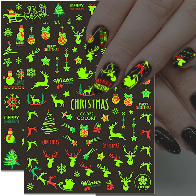 

Christmas Luminous Nail Stickers 3D Santa Claus Elk Snowflake Nail Art Stickers Glowing In The Dark Tattoo Nail Decals Supplies