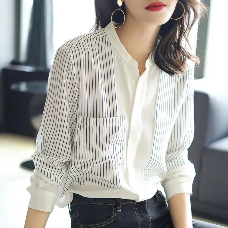 Autumn New Chiffon Shirt Women's Design Sense Small Fashion Style Style Spliced Stripe Long Sleeve Professional Top
Autumn New Chiffon Shirt Women's Design Sense Small Fashion Style Style Spliced Stripe Long Sleeve Professional Top