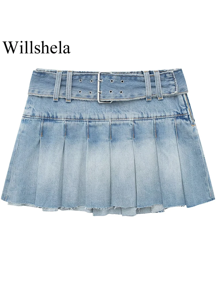 Willshela Women Fashion With Belt Denim Blue Solid Pleated Side Zipper Mini Skirt Vintage High Waist Female Chic Lady Skirt
Willshela Women Fashion With Belt Denim Blue Solid Pleated Side Zipper Mini Skirt Vintage High Waist Female Chic Lady Skirt