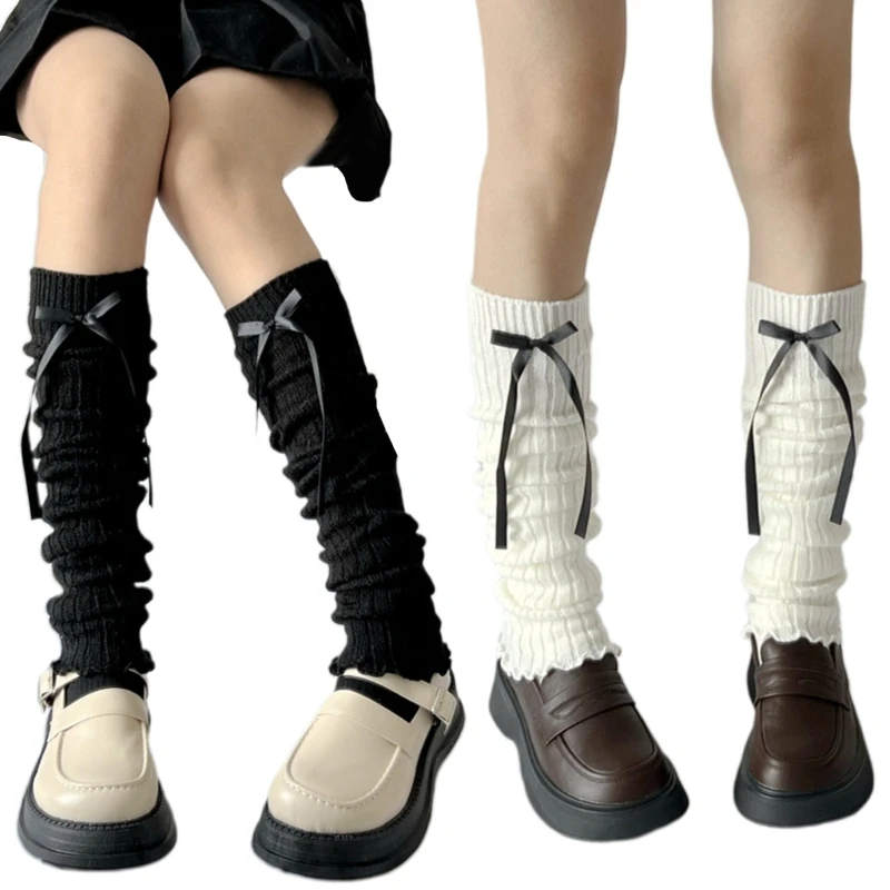 

667E Women Harajuku Gothic Ribbed Knit Leg Warmer Socks Japanese Sweet Ribbon Bowknot Lettuce Ruffled Hem Foot Cover Stocking