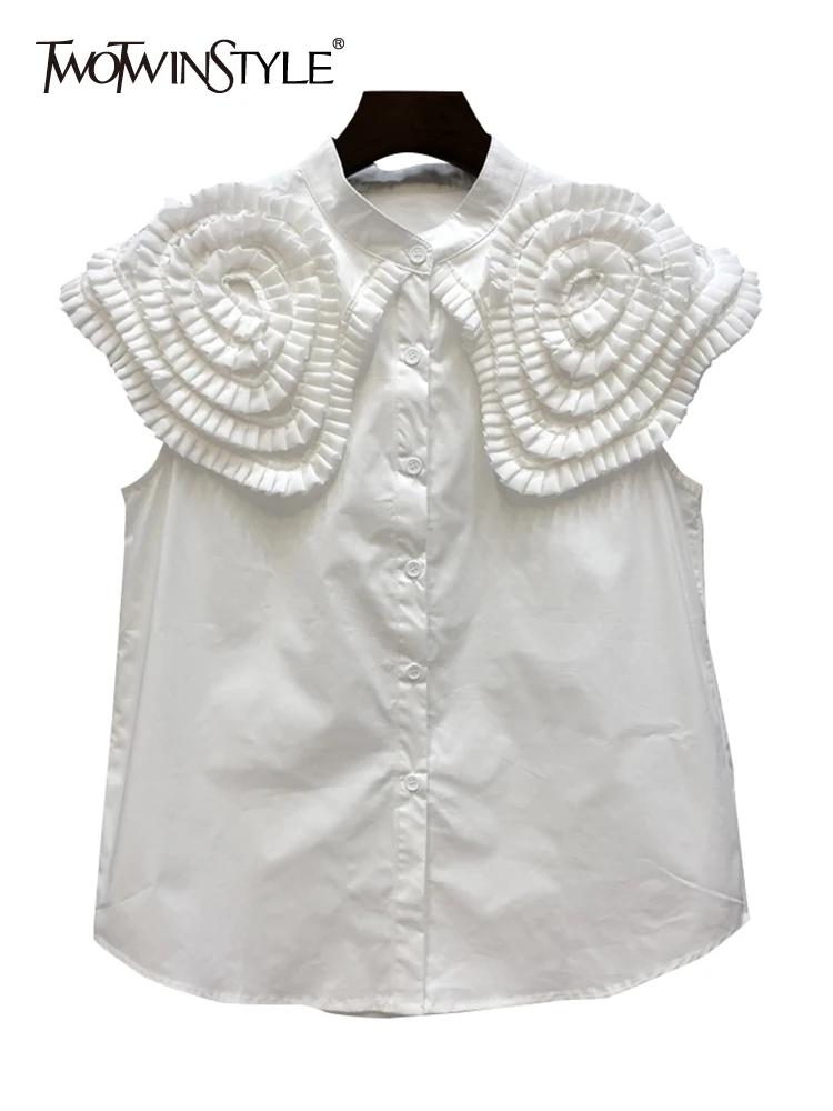 TWOTWINSTYLE White Fold Pleated Shirt For Women Peter Pan Collar Sleeveless Solid Minimalist Button Through Blouse Female Style
TWOTWINSTYLE White Fold Pleated Shirt For Women Peter Pan Collar Sleeveless Solid Minimalist Button Through Blouse Female Style