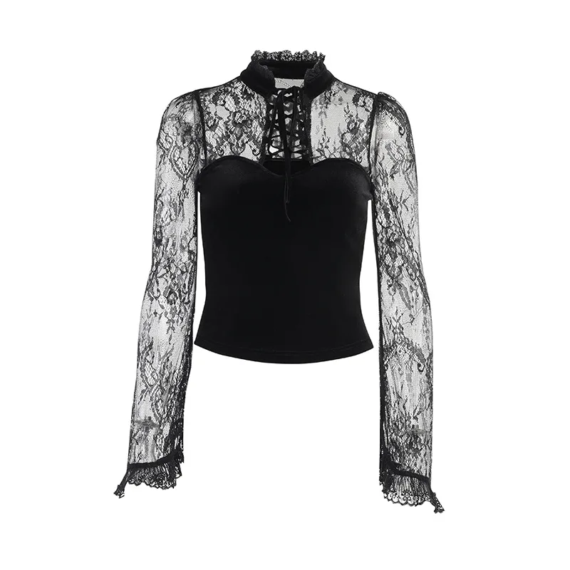 Goth Goth Hollow Out Lace Up Black T-Shirt Y2K Aesthetic Emo Punk Sexy Stand Collar Flare Sleeve Crop Tops Women Autumn Tee
Goth Goth Hollow Out Lace Up Black T-Shirt Y2K Aesthetic Emo Punk Sexy Stand Collar Flare Sleeve Crop Tops Women Autumn Tee
