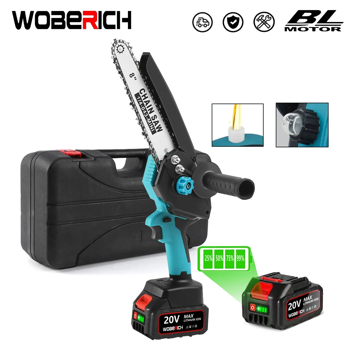 8 Inch Brushless Electric Saw w/ Oil Can Cordless Handheld Pruning Chainsaw Woodworking Cutting Power Tools For Makita/WOBERICH 
8 Inch Brushless Electric Saw w/ Oil Can Cordless Handheld Pruning Chainsaw Woodworking Cutting Power Tools For Makita/WOBERICH