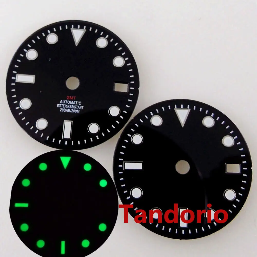 

New Bliger 29mm Black Watch Dial Face Fit NH34A NH34 GMT Automatic Movement Date Windown Green Luminous Watch Parts Accessories