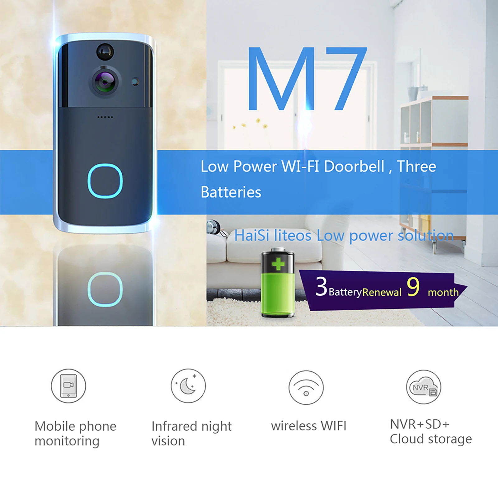 

M7 166-degree Wide-angle Camera Doorbell PIR Detection 720P Voice Intercom Doorbells Motion Sensing Two-way Talk for Home Office