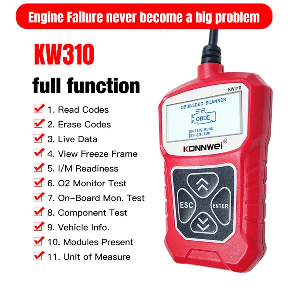 KONNWEI KW310 Professional OBD2 Auto OBD 2 Car Scanner Diagnostic Tool Car Code Reader Supports Russian Language PK Elm327
KONNWEI KW310 Professional OBD2 Auto OBD 2 Car Scanner Diagnostic Tool Car Code Reader Supports Russian Language PK Elm327