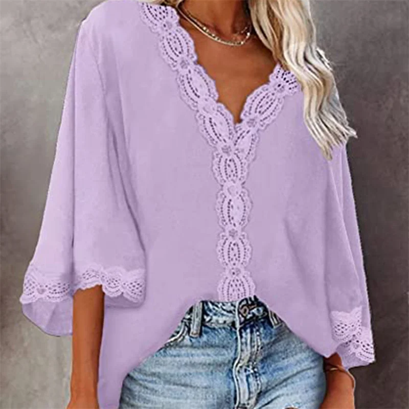 Design Flare Sleeve Ladies Shirt Loose Lace Patchwork Blouse Spring Summer V-neck Shirts For Women Vintage Tops Femme
Design Flare Sleeve Ladies Shirt Loose Lace Patchwork Blouse Spring Summer V-neck Shirts For Women Vintage Tops Femme