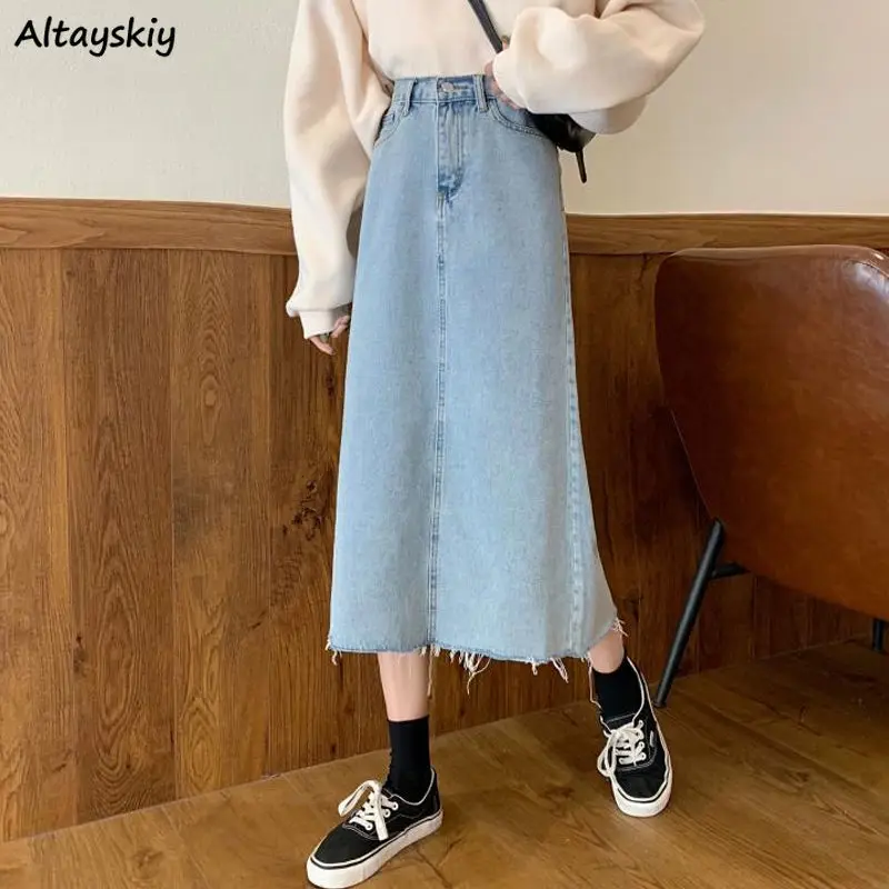 

Denim Mid-calf Skirts Women Pure Tassel Back Slit A-line Retro Summer High Waist College Streetwear Females Korean New Arrival