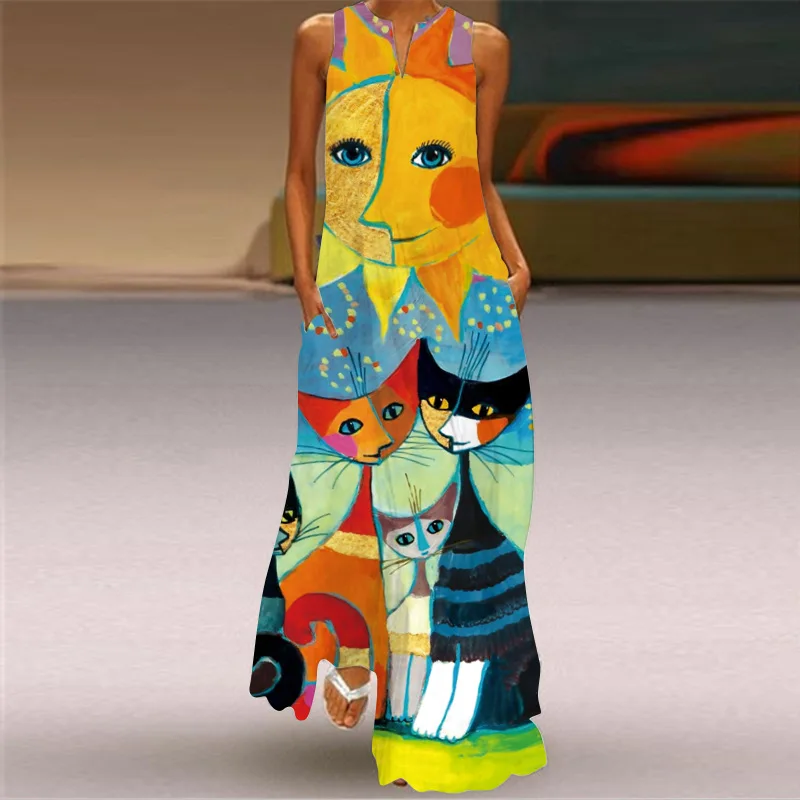 Summer Dress Holiday Beach Casual Vintage 3D Cat Cartoon Print Dresses Woman Party Elegant Sleeveless Loose Long Dress Vestidos
Summer Dress Holiday Beach Casual Vintage 3D Cat Cartoon Print Dresses Woman Party Elegant Sleeveless Loose Long Dress Vestidos