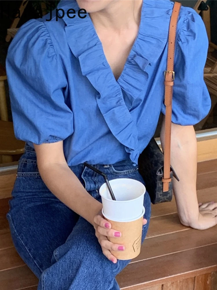 Harajpee V Neck Ruffles Shirt Chic Puff Sleeve Summer New 2022 Loose Solid Denim Pullover Korean Simple All Match Women Tops
Harajpee V Neck Ruffles Shirt Chic Puff Sleeve Summer New 2022 Loose Solid Denim Pullover Korean Simple All Match Women Tops
