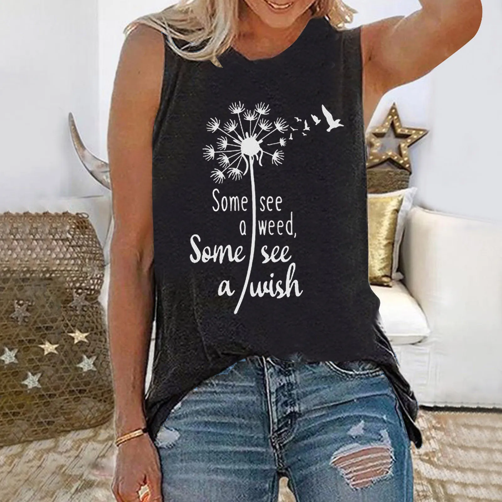 Женская Повседневная майка с круглым вырезом и надписью, летняя блузка с принтом одуванчика, водолазка с хризантемой, жилет без рукавов, Топ
Женская Повседневная майка с круглым вырезом и надписью, летняя блузка с принтом одуванчика, водолазка с хризантемой, жилет без рукавов, Топ