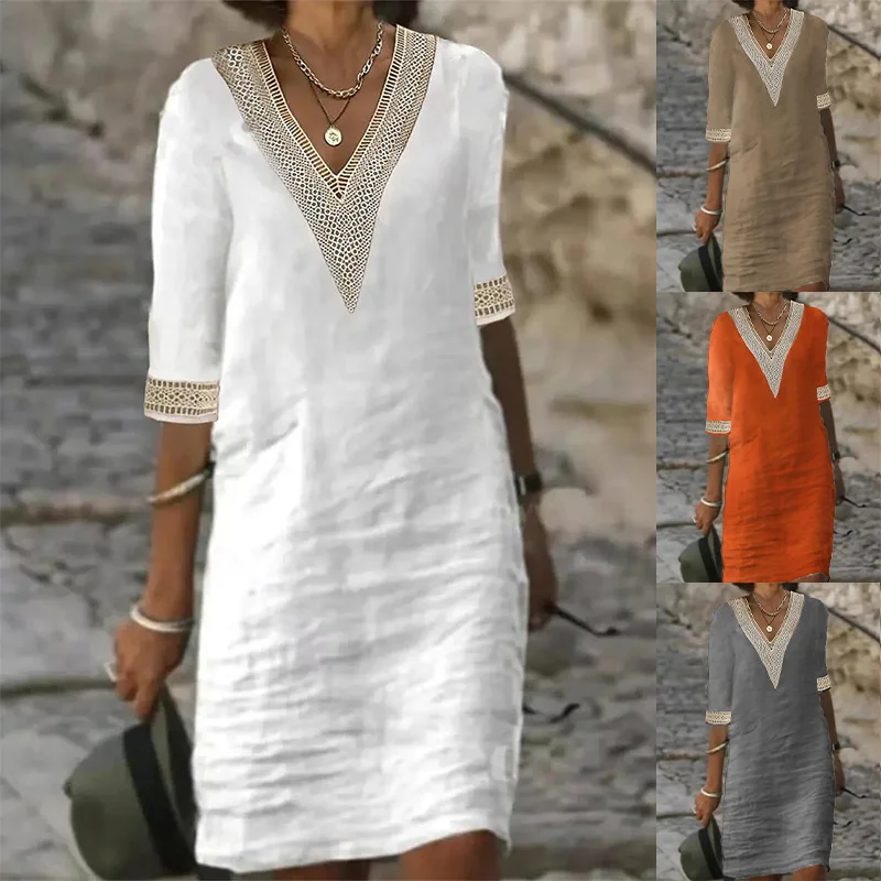 2023 Summer New Women's Solid Lace V-Neck Mid Sleeve Casual Pullover Fashion Plus Size Sexy A-Line Dress Loose Panel Dress
2023 Summer New Women's Solid Lace V-Neck Mid Sleeve Casual Pullover Fashion Plus Size Sexy A-Line Dress Loose Panel Dress