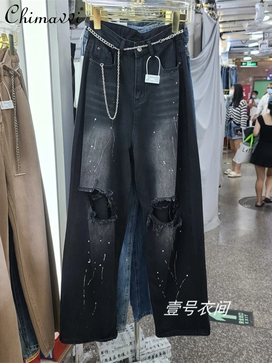 2022 Summer Clothes New Fashion Black Washed Knee Ripped Jeans for Women High Waist Slimming Inkjet Denim Straight-Leg Pants
2022 Summer Clothes New Fashion Black Washed Knee Ripped Jeans for Women High Waist Slimming Inkjet Denim Straight-Leg Pants