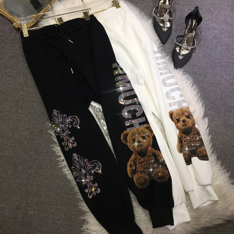 

Blingbling Bear Hot Drilling Casual Sweatpants 2023 New Spring Drawstring Elastic Waist Harem Pants Trendy Autumn Long Trousers