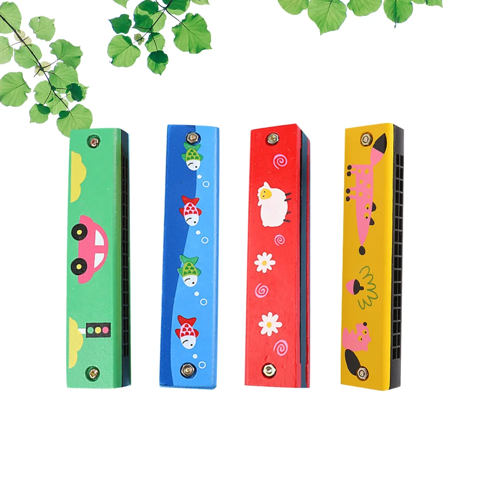 

4pcs Wooden Harmonica Toys 16 Holes Double Row Educational Musical Instruments for Kid (Random Pattern)