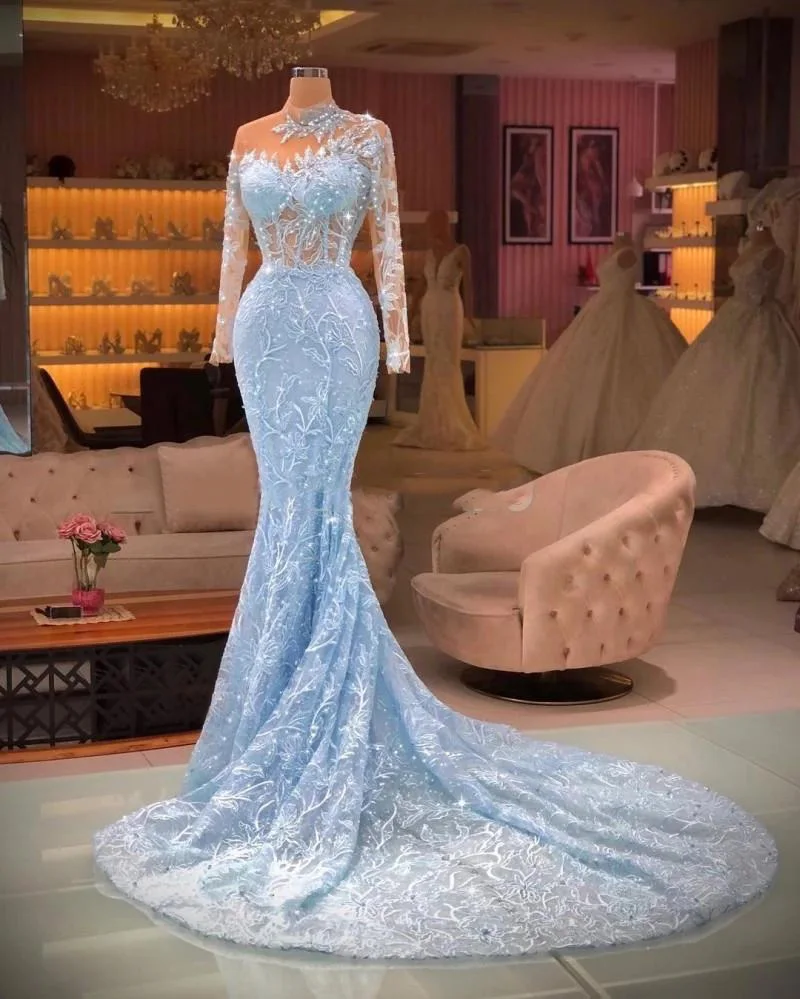 New Custom Evening Dresses Trumpet High Neck Long Sleeve Floor-Length Sweep Train Crystal Beaded Applique Sequins Tulle Illusion
New Custom Evening Dresses Trumpet High Neck Long Sleeve Floor-Length Sweep Train Crystal Beaded Applique Sequins Tulle Illusion